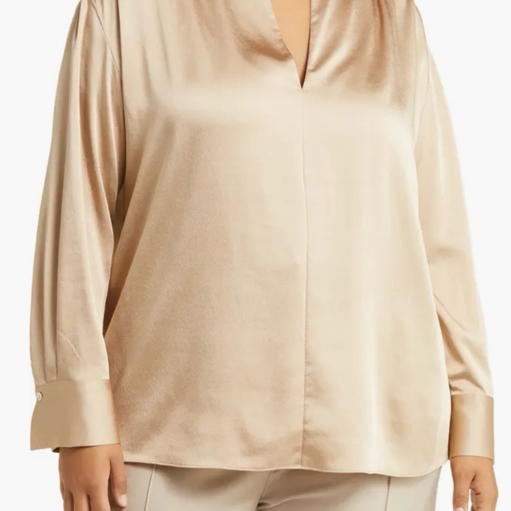 Vince NWT NEW Smocked Shoulder Long Sleeve Satin Blouse Tan Pale Nut Size 2X